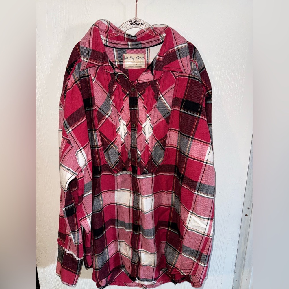 We The Free Pink and Black Plaid Button-Up Shirt